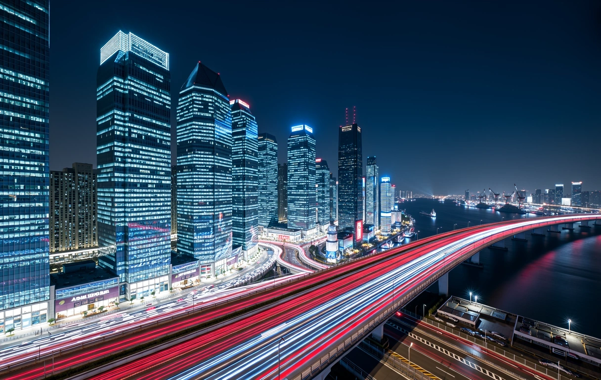 Asian business landscape at night